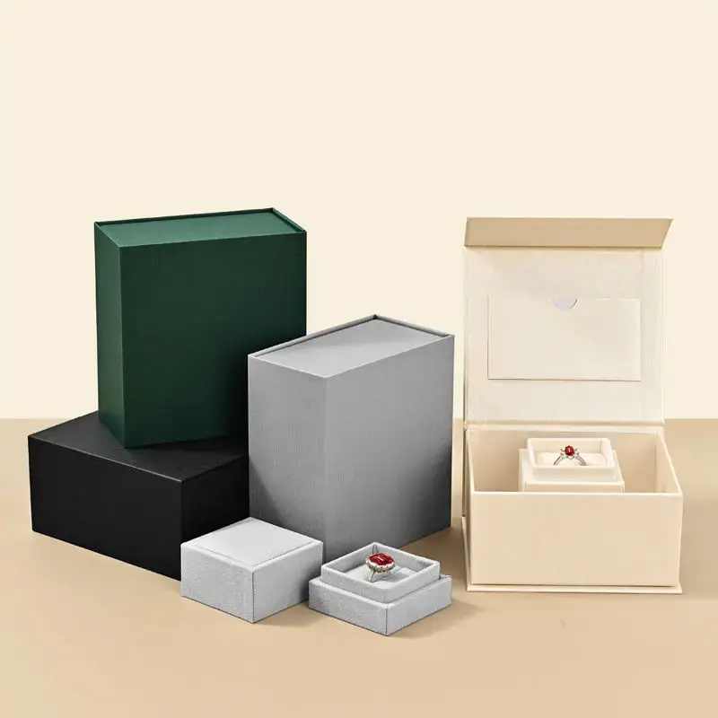 Custom polychrome magnetic rigid jewelry gift box with concealed closure and velvet lining for branded presentation