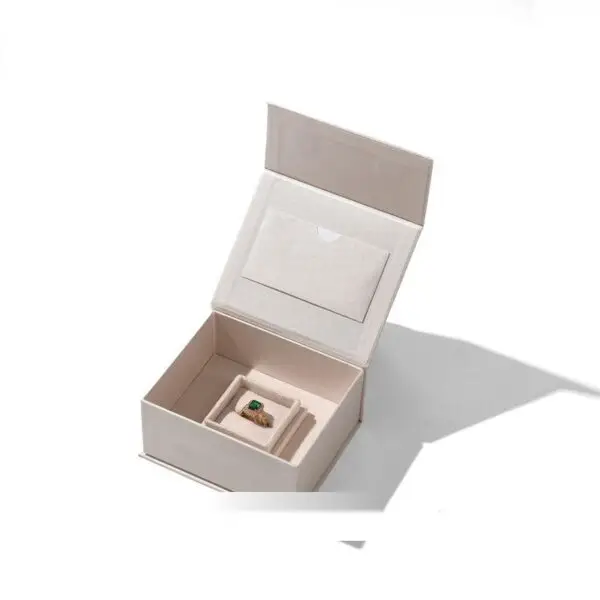 Light Khaki Magnetic Ring Boxes with Nested Gift Box – OEM Jewelry Packaging Light khaki custom magnetic ring box with nested gift box for jewelry retailers and brands
