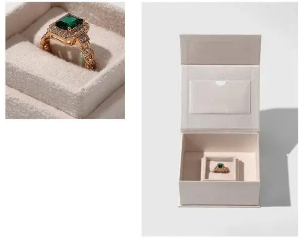Light Khaki Magnetic Ring Boxes with Nested Gift Box – OEM Jewelry Packaging Light khaki custom magnetic ring box with nested gift box for jewelry retailers and brands