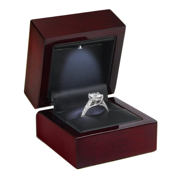 Custom Mahogany Wood LED Ring Box with Black Interior Premium mahogany wood LED ring box with black interior and integrated lighting for luxury jewelry retail and gifting