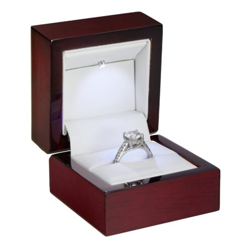 Mahogany wood LED ring box with illuminated white interior and luxury jewelry packaging