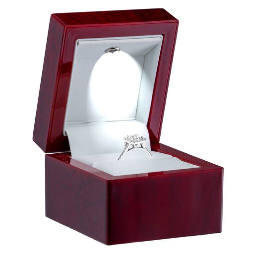 Mahogany wood LED ring box with illuminated white interior and luxury jewelry packaging