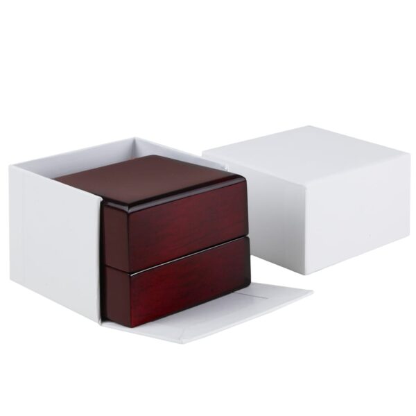 Custom Mahogany Wood LED Ring Box with Black Interior Premium mahogany wood LED ring box with black interior and integrated lighting for luxury jewelry retail and gifting