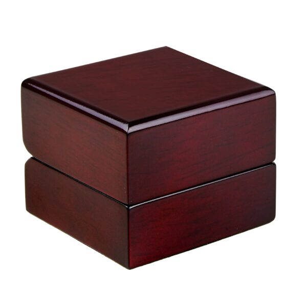 Mahogany wood LED ring box with illuminated white interior and luxury jewelry packaging