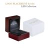 Custom Mahogany Wood LED Ring Box with Black Interior Premium mahogany wood LED ring box with black interior and integrated lighting for luxury jewelry retail and gifting