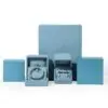 Premium blue microfiber earring and ring box with custom logo branding and felt insert compartments