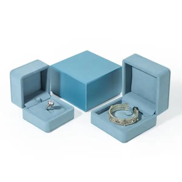 Premium blue microfiber earring and ring box with custom logo branding and felt insert compartments