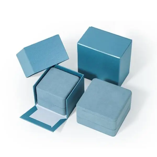 Premium blue microfiber earring and ring box with custom logo branding and felt insert compartments