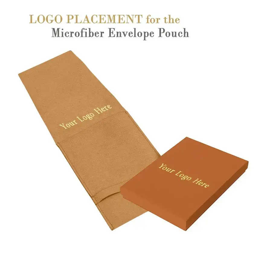 Custom large microfiber envelope jewelry pouch with padded insert in assorted Pantone colors, featuring debossed logo branding