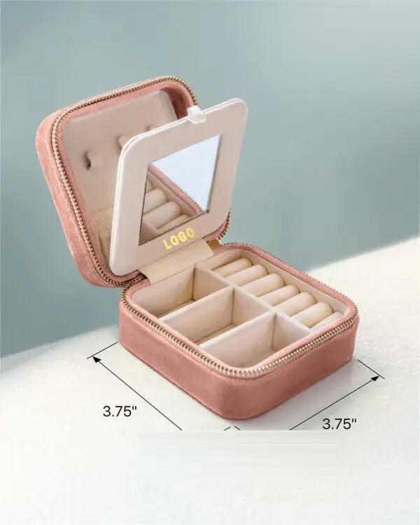 Mini velvet jewelry travel case with zip closure in custom pink and green, designed for jewelry brands