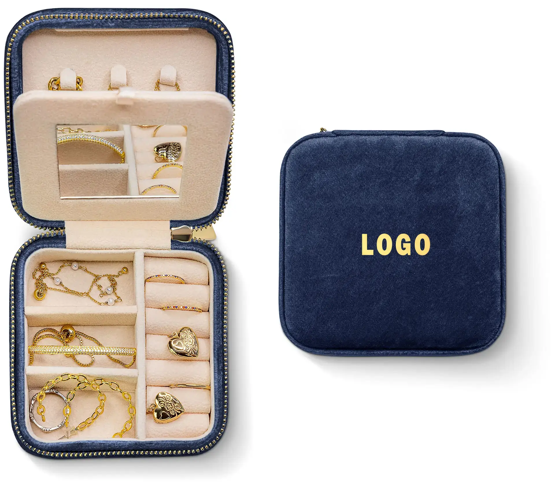 Mini velvet jewelry travel case with zip closure in custom pink and green, designed for jewelry brands