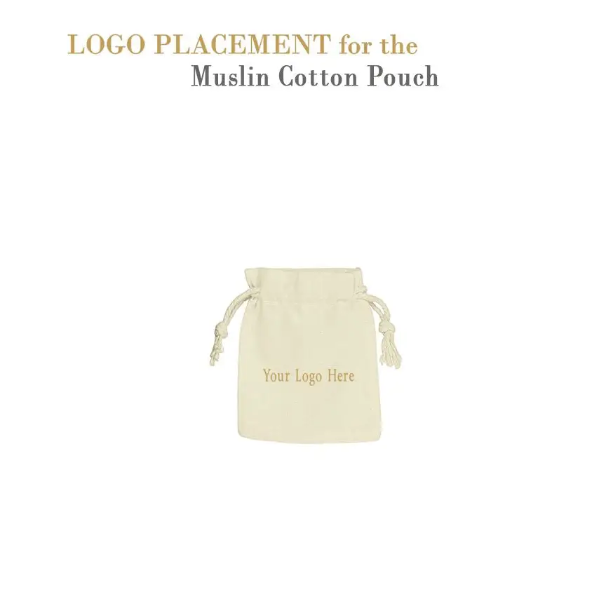 Small custom muslin cotton jewelry pouch with drawstring closure and logo branding