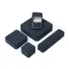Custom navy blue velvet jewelry box with logo embossing and silk insert, wholesale luxury packaging for jewelry brands