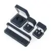 Custom navy blue velvet jewelry box with logo embossing and silk insert, wholesale luxury packaging for jewelry brands