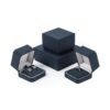 Custom navy blue velvet jewelry box with logo embossing and silk insert, wholesale luxury packaging for jewelry brands