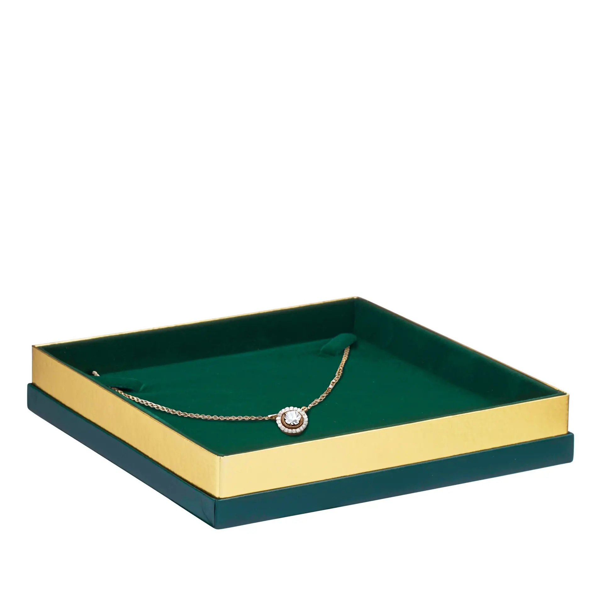 Luxury gold-accented cardboard necklace and pendant box with custom insert, factory-direct jewelry packaging