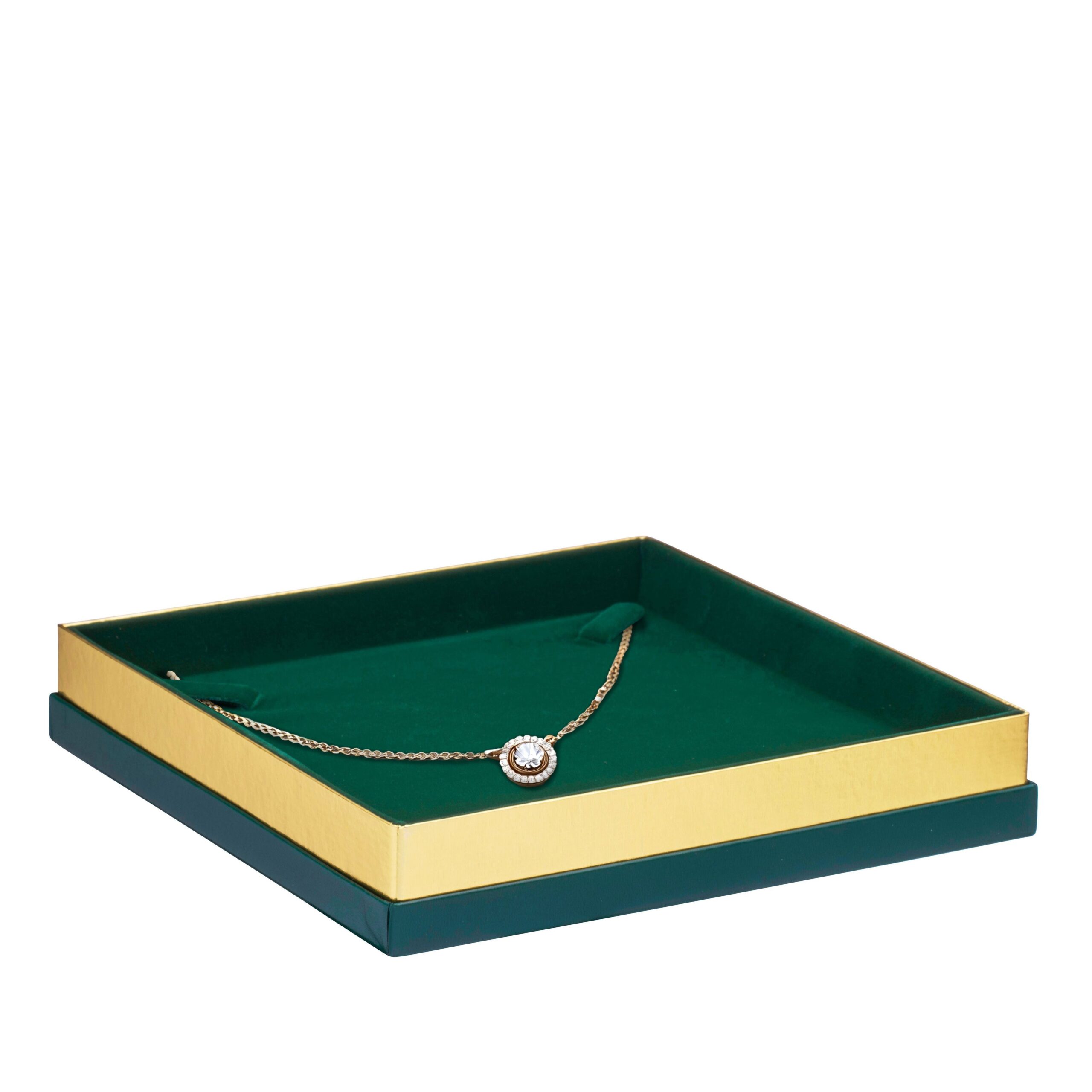 Luxury gold-accented cardboard necklace and pendant box with custom insert, factory-direct jewelry packaging