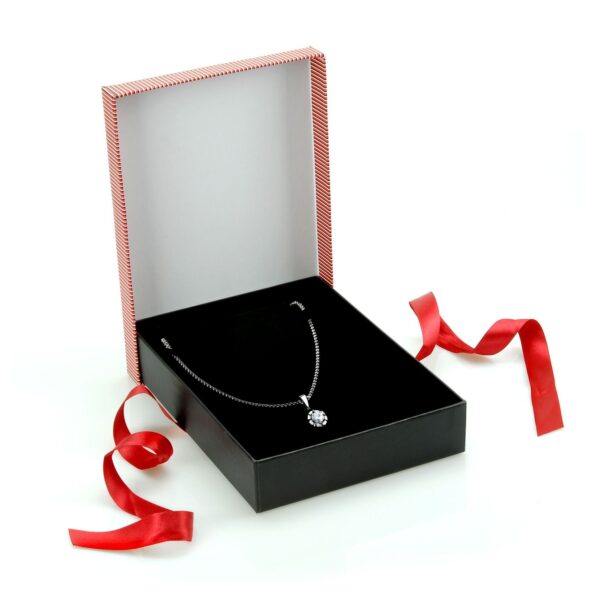 Custom striped bow design necklace gift box with interior foam insert and custom branding