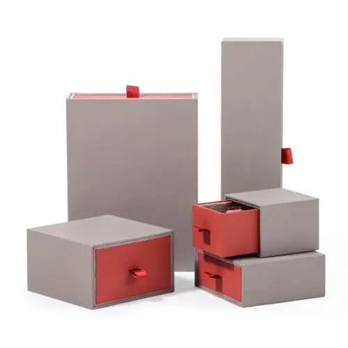Custom rigid paper drawer jewelry gift box with velvet insert, hot-stamp logo, and smooth slide-out tray design