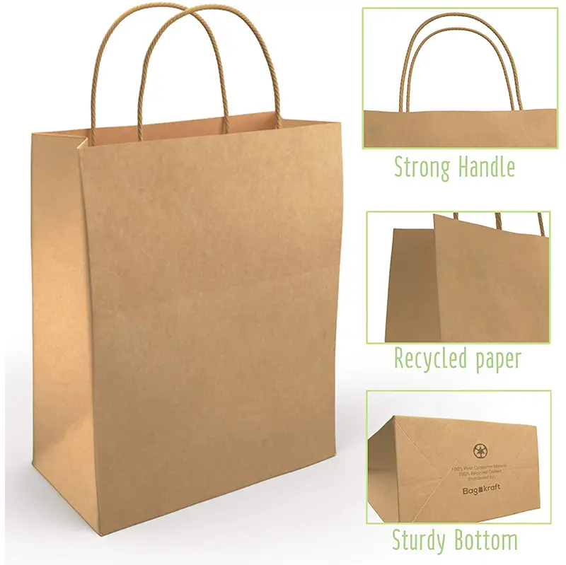 Custom recyclable kraft paper jewelry shopping bag with twisted paper handles, featuring full-color logo printing and eco-friendly design