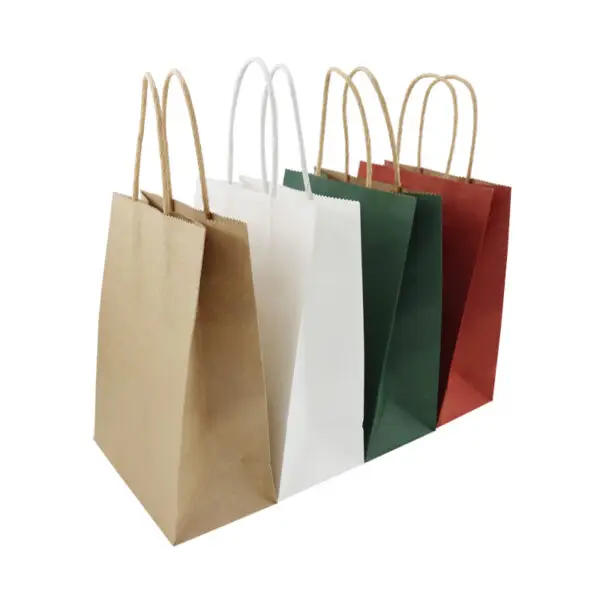 Custom recyclable kraft paper jewelry shopping bag with twisted paper handles, featuring full-color logo printing and eco-friendly design