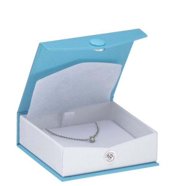 Premium ribbed paper snap pendant and earring box with custom logo branding and foam insert