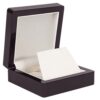 Premium piano wood jewelry box in rich walnut finish with soft-close hinges, velvet interior lining, and custom logo embossing