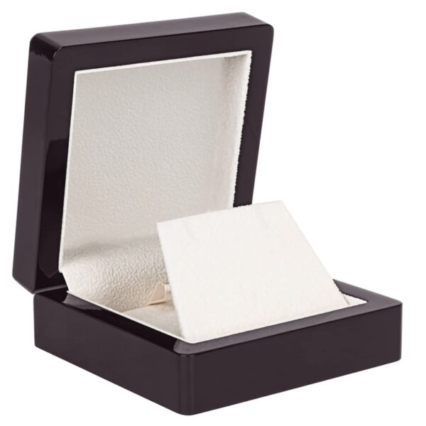 Premium piano wood jewelry box in rich walnut finish with soft-close hinges, velvet interior lining, and custom logo embossing
