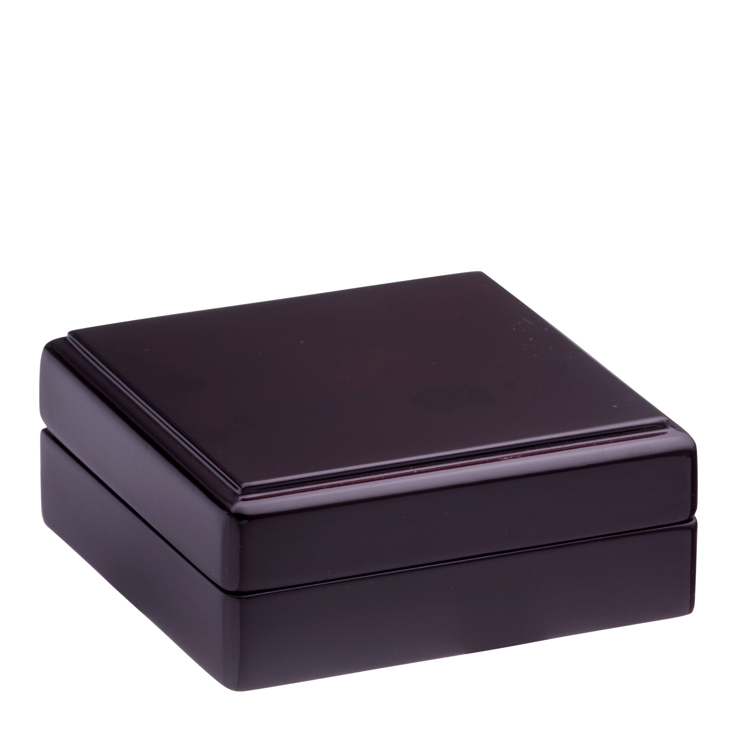 Premium piano wood jewelry box in rich walnut finish with soft-close hinges, velvet interior lining, and custom logo embossing