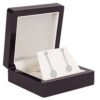 Premium piano wood jewelry box in rich walnut finish with soft-close hinges, velvet interior lining, and custom logo embossing