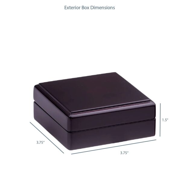 Premium piano wood jewelry box in rich walnut finish with soft-close hinges, velvet interior lining, and custom logo embossing
