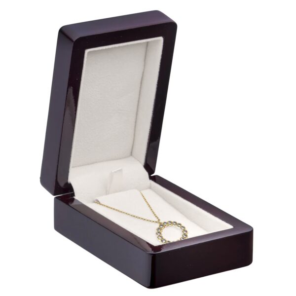 Premium piano wood pendant box with custom logo branding and adjustable foam insert – luxury jewelry packaging