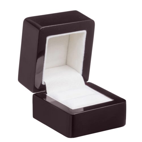 Premium piano wood ring box with custom logo branding, velvet interior lining, and luxury closure mechanism for jewelry packaging