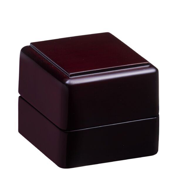 Premium piano wood ring box with custom logo branding, velvet interior lining, and luxury closure mechanism for jewelry packaging