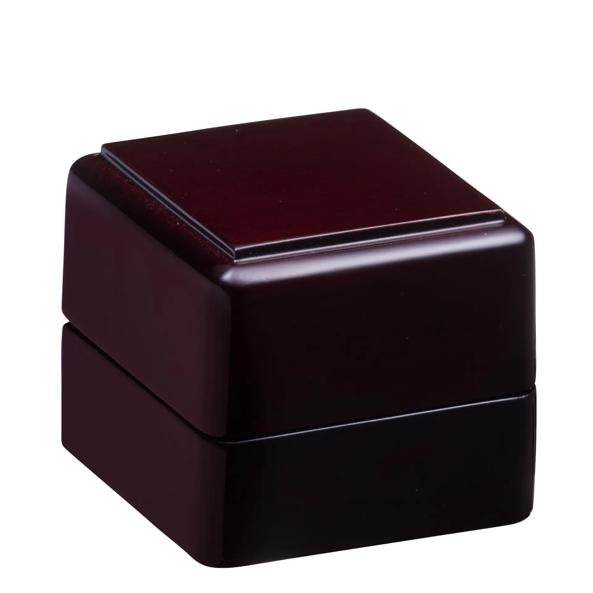 Premium piano wood ring box with custom logo branding, velvet interior lining, and luxury closure mechanism for jewelry packaging