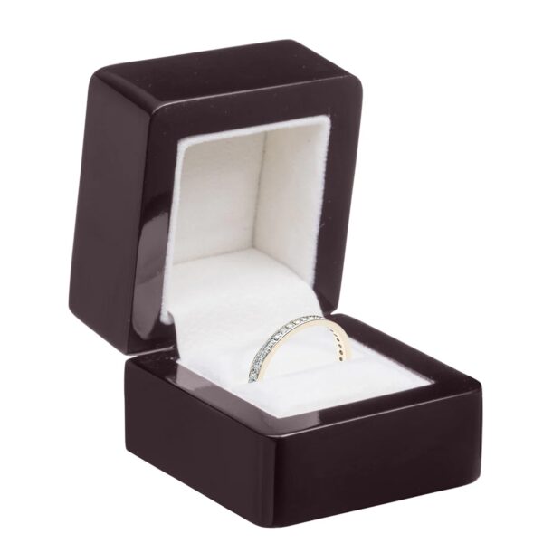 Premium piano wood ring box with custom logo branding, velvet interior lining, and luxury closure mechanism for jewelry packaging