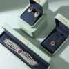 Custom printed PU leather jewelry box with engraved metal plate, interior velvet insert, luxury jewelry packaging