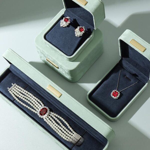 Custom printed PU leather jewelry box with engraved metal plate, interior velvet insert, luxury jewelry packaging