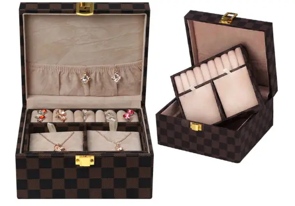 Custom 2-layer PU leather jewelry gift box with compartments for earrings, rings and necklaces