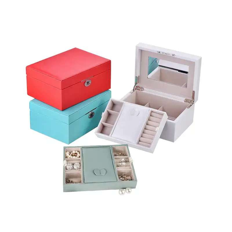 Lockable dual-layer PU leather travel jewelry case open showing velvet compartments for rings, necklaces and earrings