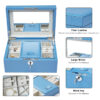 Lockable dual-layer PU leather travel jewelry case open showing velvet compartments for rings, necklaces and earrings