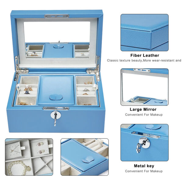 Lockable dual-layer PU leather travel jewelry case open showing velvet compartments for rings, necklaces and earrings