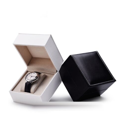 Custom PU leather watch gift boxes with soft velvet insert and removable molded display tray