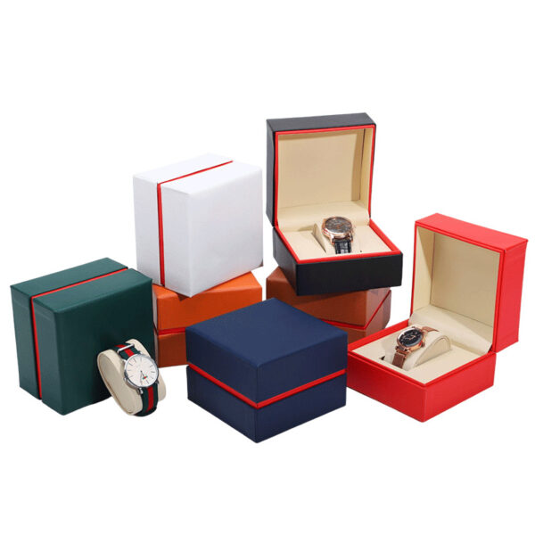 Premium black and red-edged PU wristwatch box with custom logo branding and protective interior padding