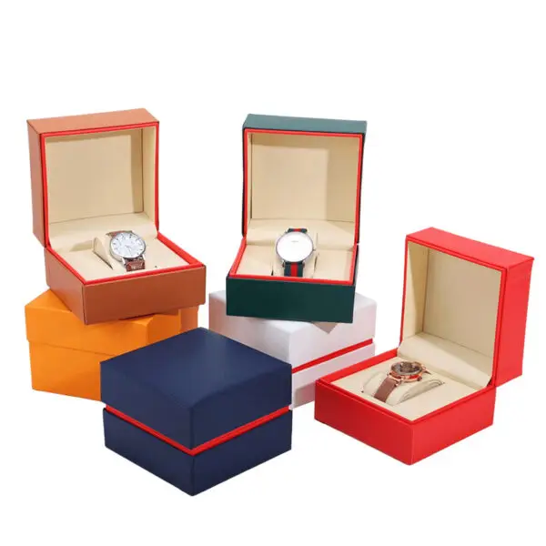 Premium Custom PU Wristwatch Boxes – Red-Edged Design Premium black and red-edged PU wristwatch box with custom logo branding and protective interior padding