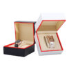 Premium black and red-edged PU wristwatch box with custom logo branding and protective interior padding
