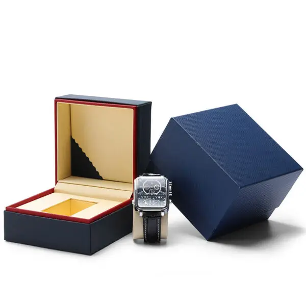 Premium Custom PU Wristwatch Boxes – Red-Edged Design Premium black and red-edged PU wristwatch box with custom logo branding and protective interior padding