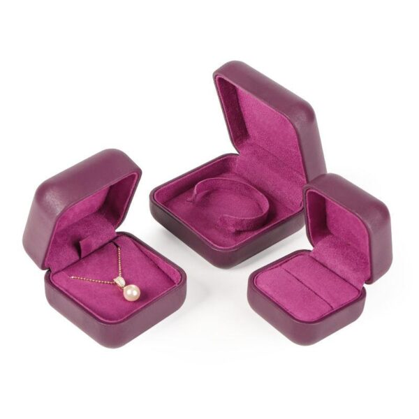 Custom Purple PU Leather Jewelry Box – Ring, Earring & Bracelet Gift Packaging Purple PU leather ring, earring, and bracelet gift boxes with custom logo printing and foam inserts