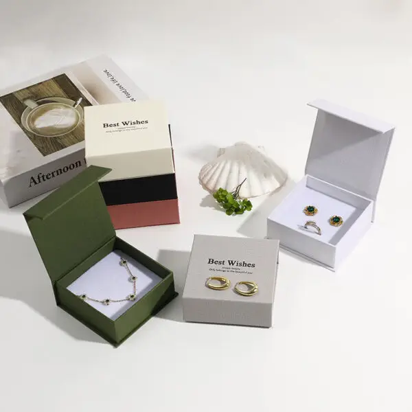 Recyclable magnetic flip-top jewelry paper boxes with custom branding, logo printing, and foam inserts for retail gift packaging