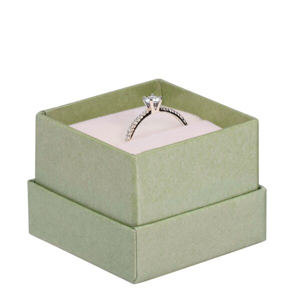 Premium recycled cardboard ring box with glossy inset insert and protective foam padding for engagement rings